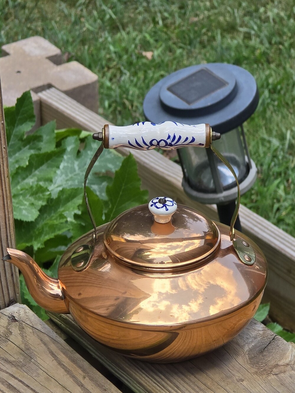 Vintage ODI Portugal Solid Copper Tea Kettle Blue White Hand Painted Ceramic Han